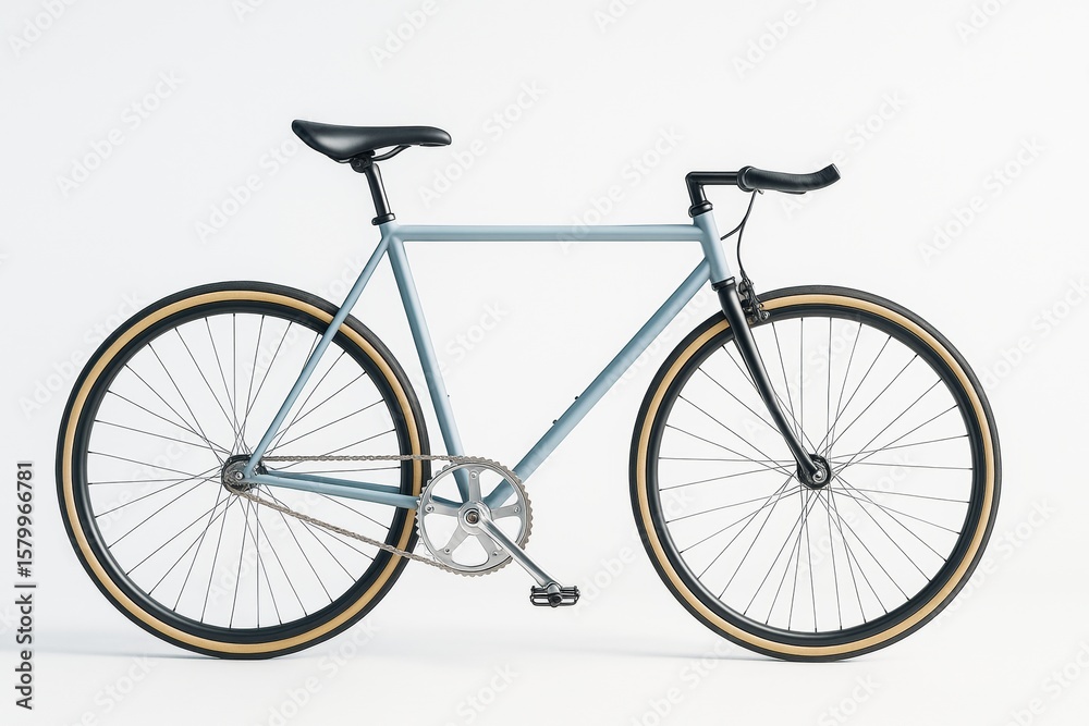 Obraz premium Minimalist single-speed bicycle with matte blue frame and tan-wall tires, side view against clean white background representing eco transport concept.