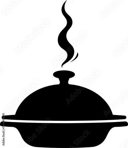 illustration of cooking pot with spoon, hat, isolated, magic, coffee, illustration, vector, white, black, cup, pot, magician, icon, rabbit, illusion, object, symbol, cooking, drink, sign, concept, kit
