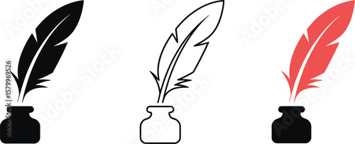 Quill Pen and Inkwell Icons: Writing, Calligraphy, Literature, Education Symbols