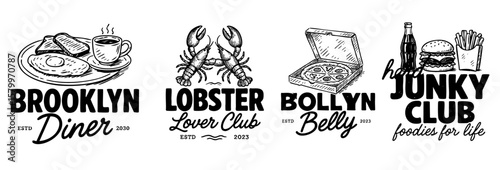 Food Lover Quote Logos — Brooklyn Diner, Lobster Lover Club, Bollyn Belly, Junky Club Typography with Food Illustrations