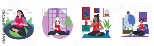 A set of 4 clean, modern vector illustrations of diverse women performing different breathing exercises. Each woman is shown in a calm environment.