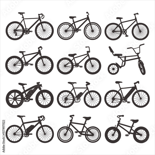 Diverse bicycle collection black silhouettes bikes cycling