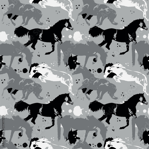 Pattern with different horse silhouettes. Repeating pattern with a horse. Horses. Silhouette of a galloping horse. Seamless pattern. Running horse. Pony in a jump.