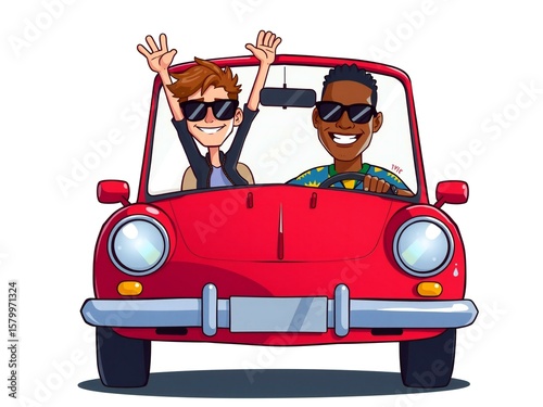 Two happy friends enjoying a ride in a classic red convertible car