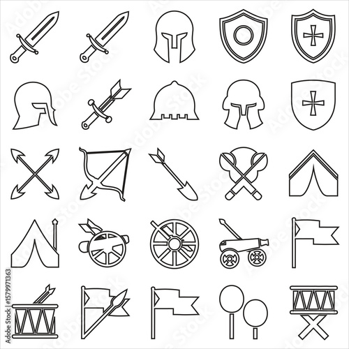 Medieval warfare equipment and symbols sword helmet