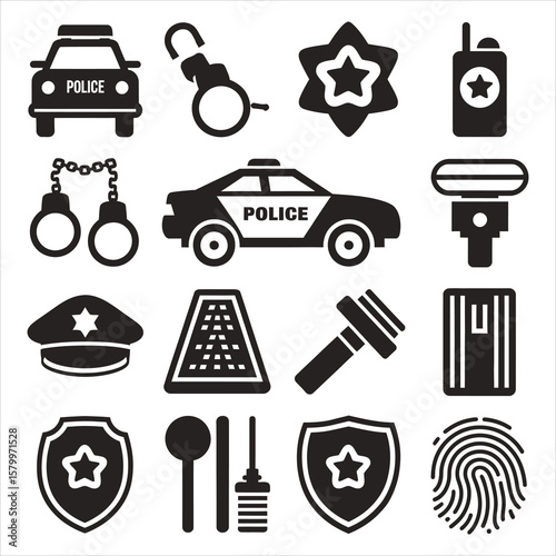 Police equipment and symbols collection police car handcuffs