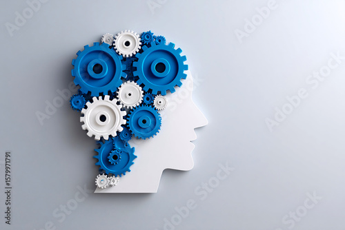 abstract face with gears turning inside, metaphor for internal innovation, analytical thinking