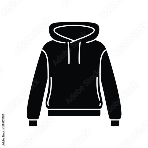 A minimalist illustration of a Black pullover hoodie with white outline details