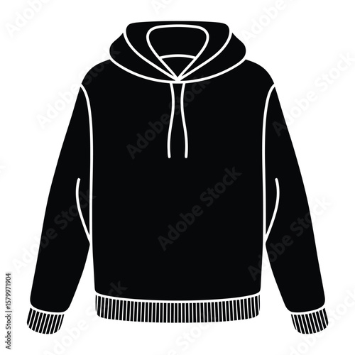 A minimalist illustration of a Black pullover hoodie with white outline details