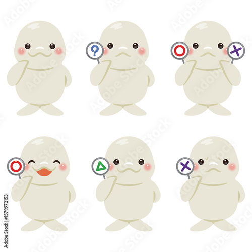 ○×△の札を持ったシロイルカのキャラクターイラストセット