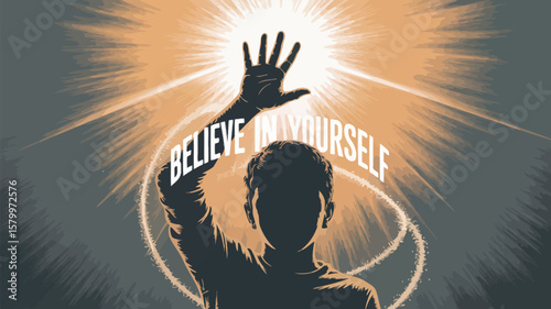 A hopeful illustration of a person reaching toward a bright light with the empowering message to believe in yourself radiating with positivity.