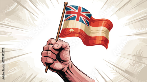 An illustration of a raised fist holding the Australian National Flag, showcasing patriotism and national identity with artistic style.