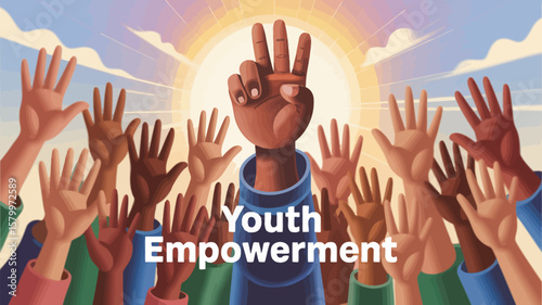 Illustrated youth empowerment concept showing diverse hands raised against a sunny sky, symbolizing hope and positive change.