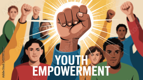 A vector illustration showcases youth empowerment with a raised fist and diverse group of people, conveying themes of activism and solidarity.
