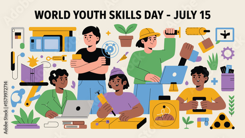 Celebrating World Youth Skills Day with colorful illustrations showcasing various professions and tools on July fifteenth.
