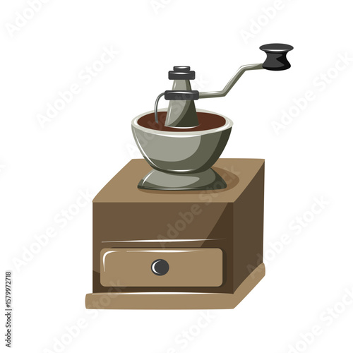 Vintage manual coffee grinder. Isolated vector illustration of an old-fashioned hand coffee mill with wooden base and metal crank. Can be used for cafe menus design, labels. 