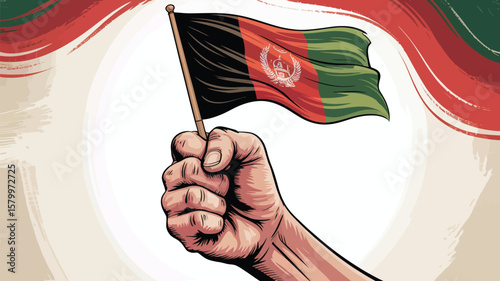Hand proudly waves the Afghanistan flag in a patriotic display against an abstract painted background with red and green brushstrokes.