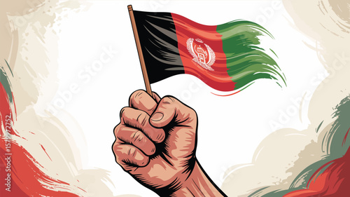 Hand proudly holds the Afghanistan flag aloft in a display of patriotism and national identity on a stylized background.