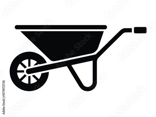 A minimalist Silhouette illustration of a wheelbarrow against a white background
