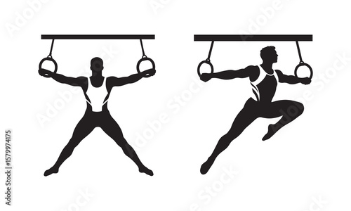 Silhouette of Gymnast Swinging on Rings – Powerful Black on White Vector with Clean Outline Design

