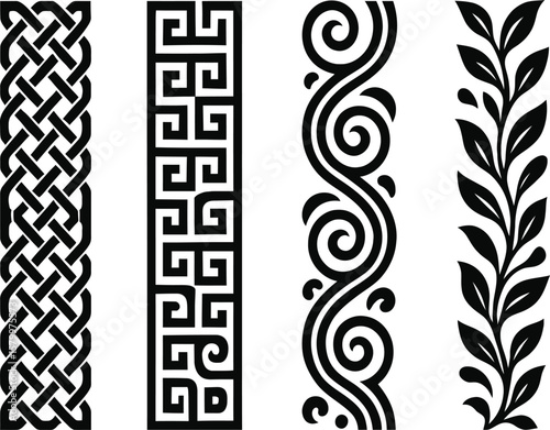 Black and White Vertical Decorative Borders Celtic Greek Spiral Leaf Patterns