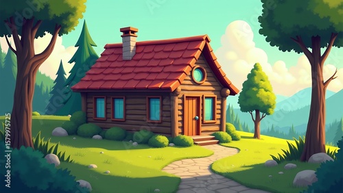 Cartoon log cabin on hillside illustration