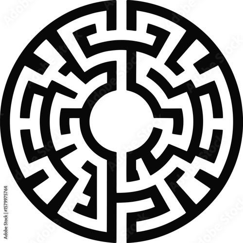 Black and White Circular Maze Pattern Graphic Design Element