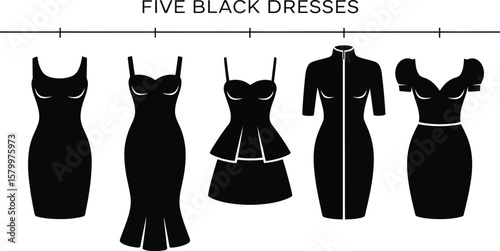 Five Black Dresses Fashion Silhouettes Hanging vector