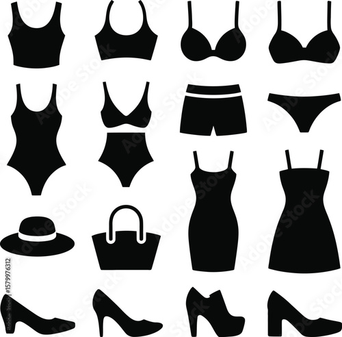Black Womenswear Fashion Icons Set Clothing Accessories Shoes