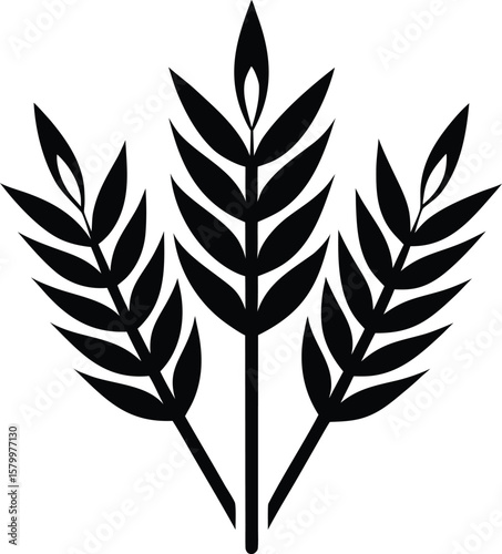 Golden laurel wreath vector with feather, leaf, wheat, and grain silhouette for nature-inspired design and agriculture illustrations