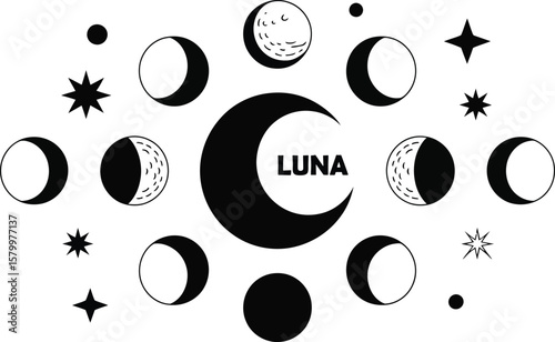 Black and White Moon Phases Stars Luna Celestial Design