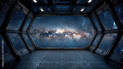 Interior view of a spacecraft window overlooking the vast, brilliant Milky Way galaxy.