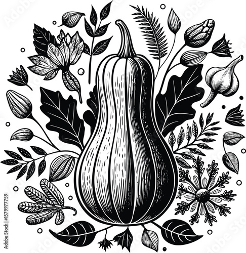 Seamless vintage vector illustration of pumpkins with leaves, a floral pattern perfect for a nature-inspired design or autumnal wallpaper