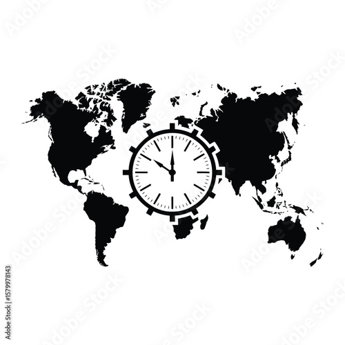 World Map Clock Silhouette, Vector, Illustration, Outline, Line Art, Icon, Logo, White Background.