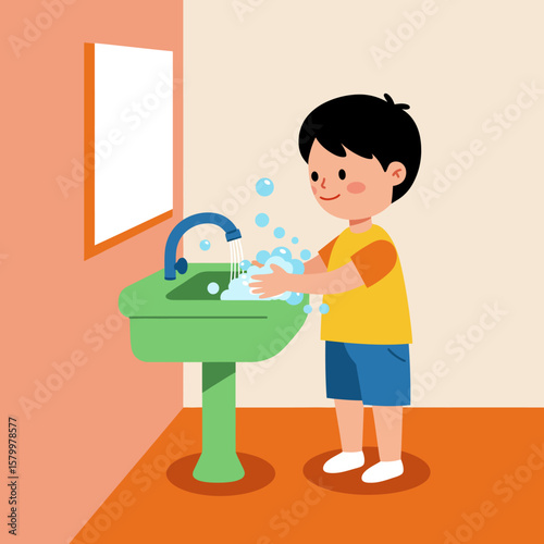 Flat vector of a boy washing hands with soap at sink for hygiene awareness