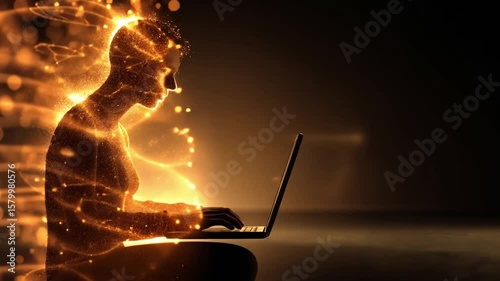 Digital Luminescence: A person engrossed in a laptop radiates golden energy, embodying the fusion of human intellect and technological innovation.