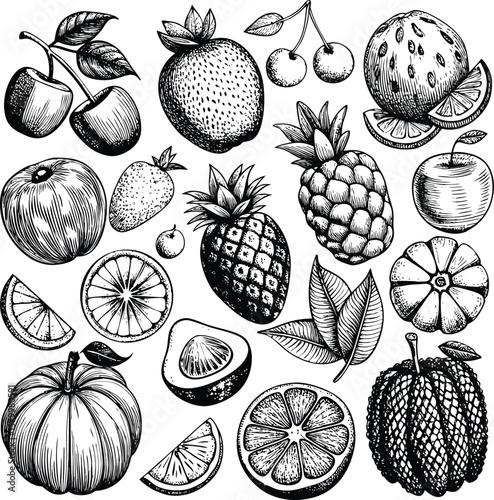 Seamless vector pattern of assorted fruits and berries, a natural illustration for food design
