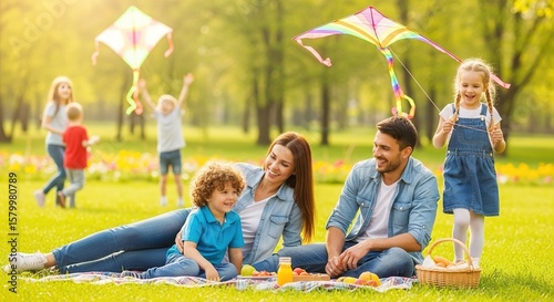 Family with children enjoy flying kites and picnicking in a park.