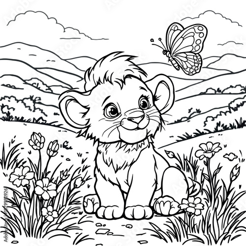 Adorable baby lion cub sitting in a field of wildflowers with a butterfly flying nearby a delightful outdoor scene