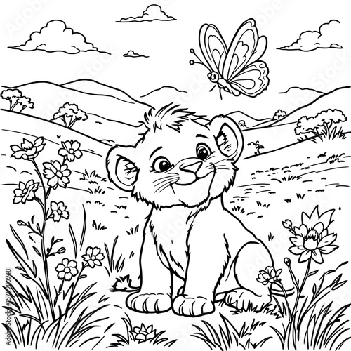 Adorable young lion cub enjoys a beautiful sunny day surrounded by blooming wildflowers and a playful butterfly in a delightful cartoon savanna landscape coloring page