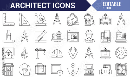 Professional architect and construction icons, representing drafting tools and construction equipment.