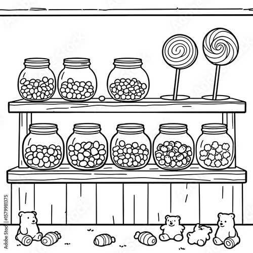 Adorable Black and White Illustration of Jars Filled with Round Candies and Gummy Bears with Lollipop Treats on Shelves and Floor Details for Creative Coloring Activities