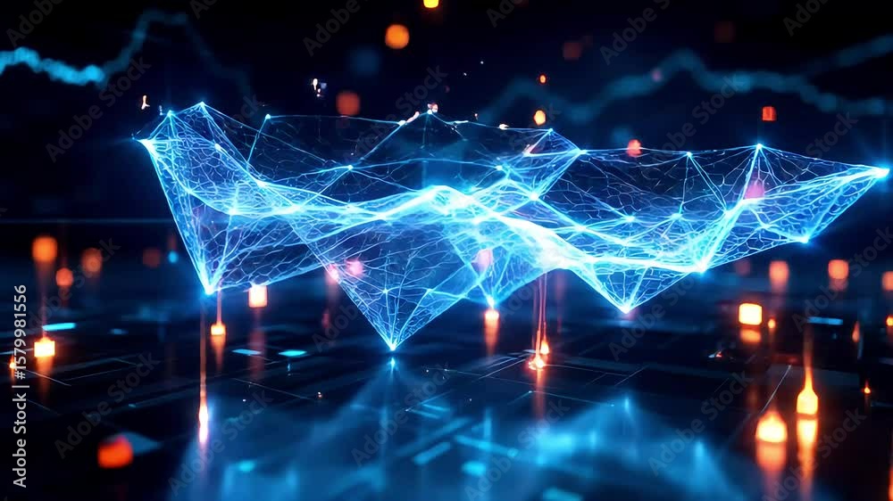 City street lights glowing bright at night with digital futuristic blue energy and star effects high-quality technology animation video City street lights glowing bright at night with digital futuristic blue energy and star effects high-quality technology animation video
