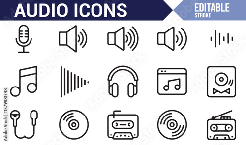 Audio technology and music icon set, showcasing microphones, speakers, and recording tools.