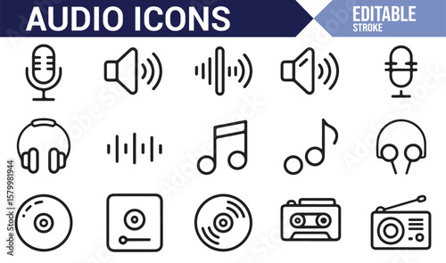Icon set for audio and music, with symbols of microphones, tapes, and sound equipment.