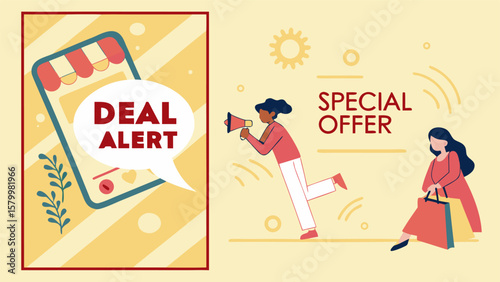 Promotional banner featuring a phone with deal alert, woman with megaphone, and shopper with bags