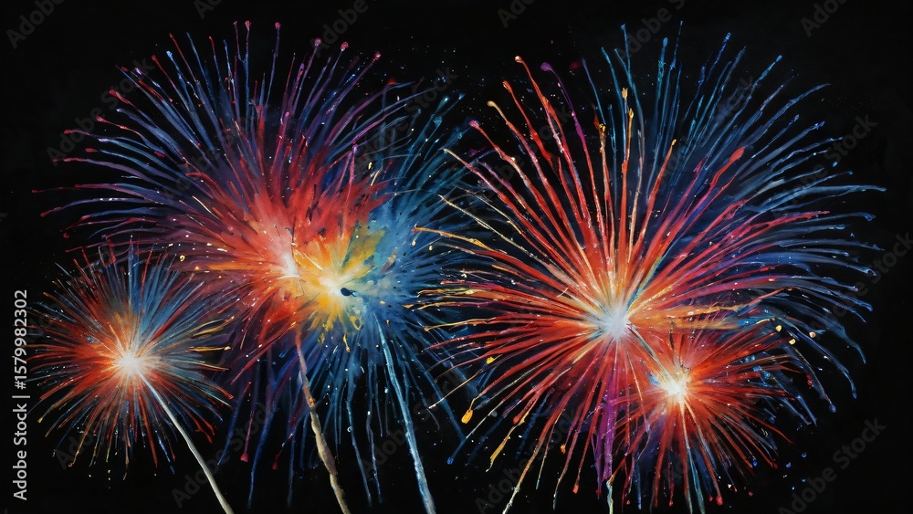 Fototapeta premium Colorful fireworks explode in the night sky, creating a beautiful and festive display of light and color