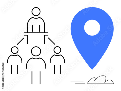 Hierarchical figure structure connected to team members, alongside a large blue location marker. Ideal for leadership, teamwork, location, connection, business, strategy navigation. Simple flat