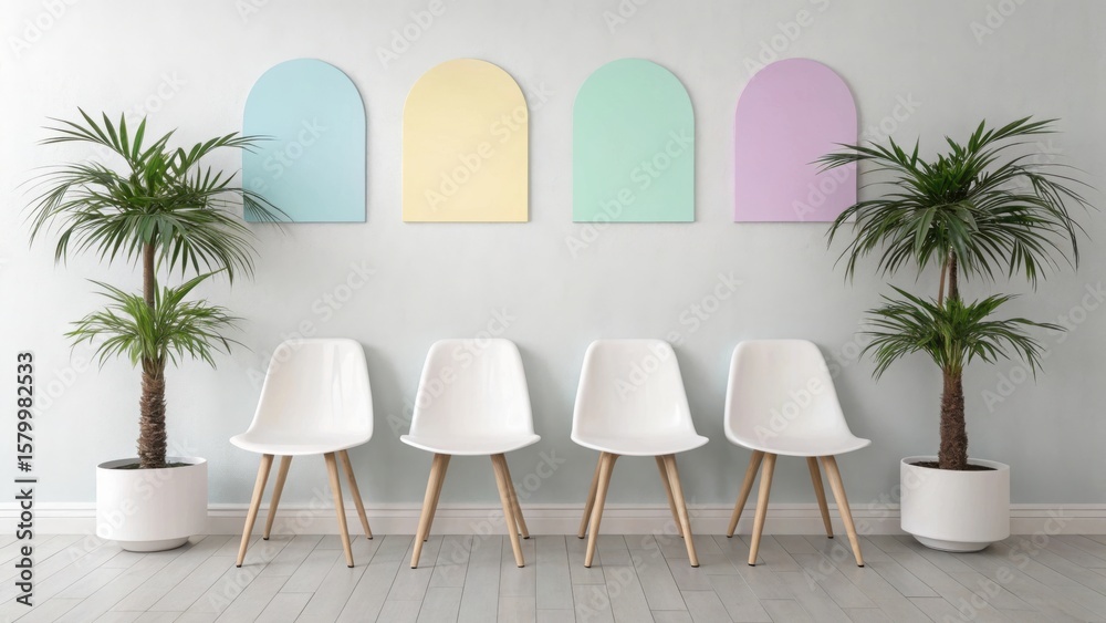 Fototapeta premium Modern waiting room with white chairs and potted palm trees against a pastel arched wall decor