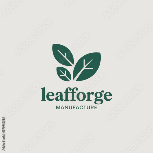 Simple and elegant logo design featuring three leaves forming the word leafforge representing manufacture or sustainability.